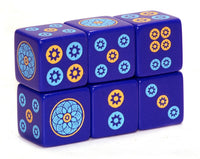 Jokerless Lotus Dot - one pair of purple dice with yellow and blue flowers