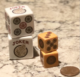 Jumbo Golden Joker  - one pair of Jumbo 25mm white dice with red, black and golden accents