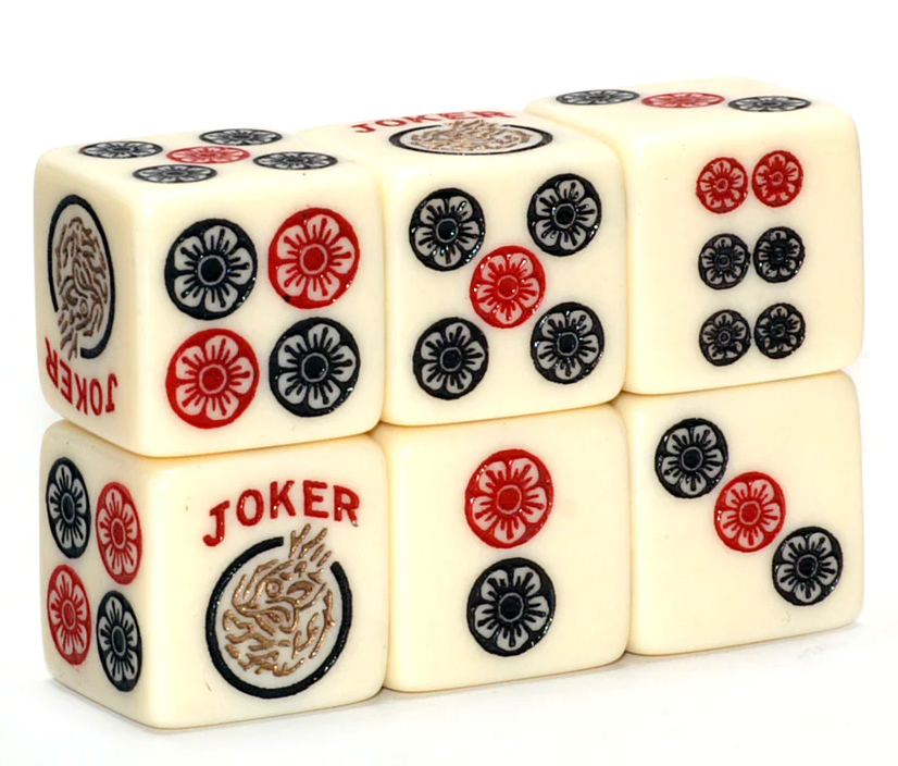 Mah Jongg Larger 19 mm Golden Joker - one pair of ivory dice with red, black and golden accents