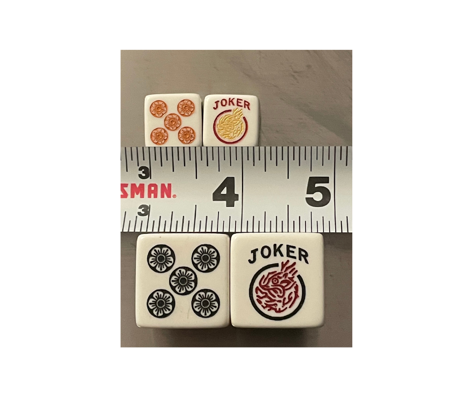 Jumbo Mahjong One Joker Away - one pair of 25mm white dice with red and black