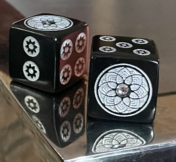 Midnight Silver Bling - one pair 19 mm black dice with silver & stone