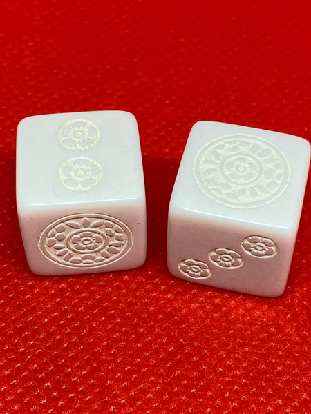 Unpainted Mahjong Dice™ - one pair of white unpainted dice with floral dot designs