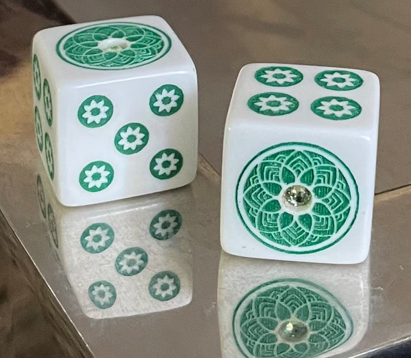 It is Easy Being Green Bling - one pair 19 mm white dice with green & green stone