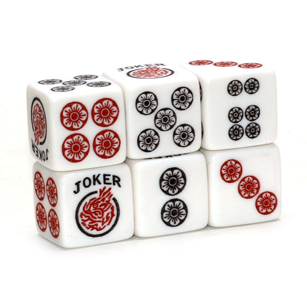 One Joker Away - one pair of white 19mm size dice with red and black