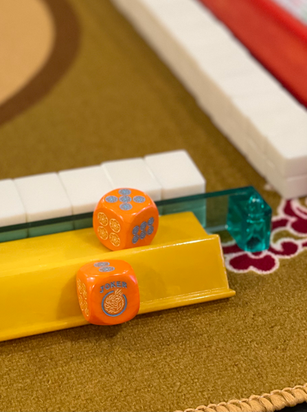 Jumbo Orange One Joker Away  - one pair of Jumbo 22 mm curved edge orange Mahjong Dice with yellow and blue hand painted accents