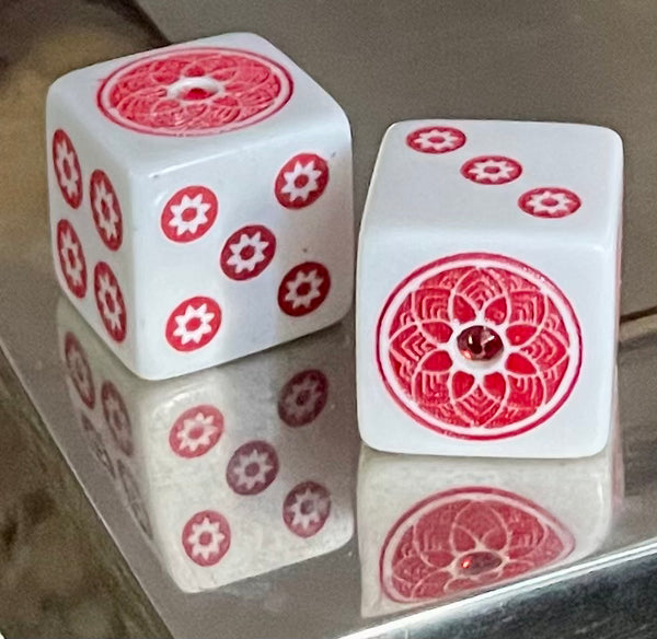 Red Hot Bling - one pair 19 mm white dice with red and red stone